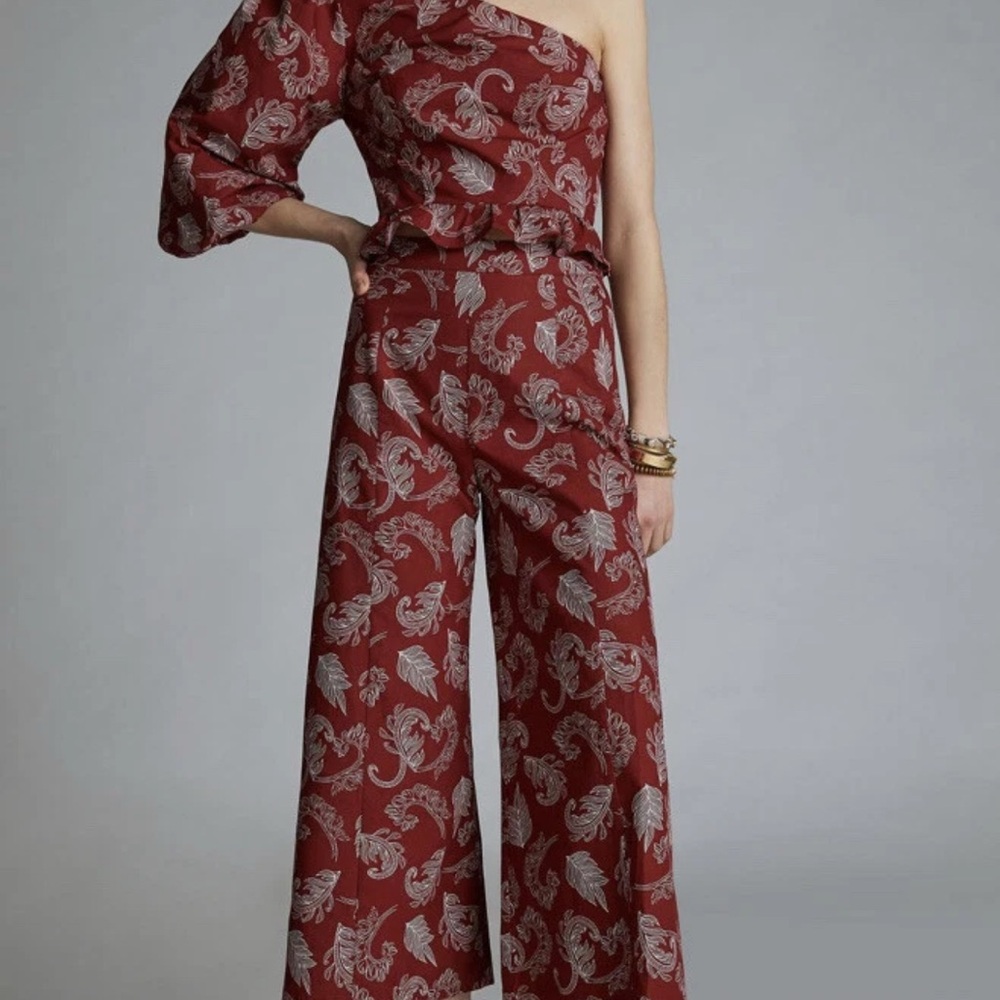 Mare Mare x Anthropologie Top & Pants Ruffle Ballon Sleeve Maroon Set